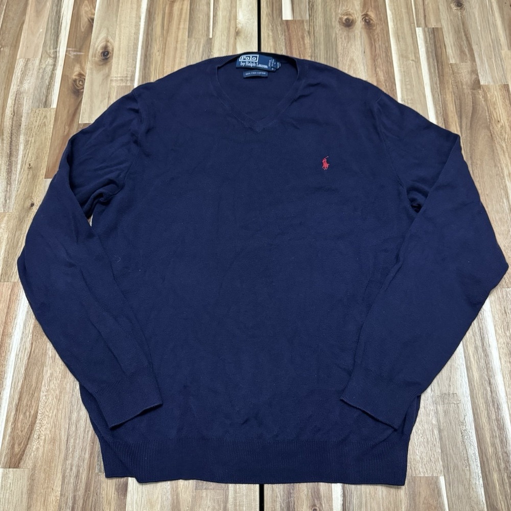 Polo Ralph Lauren Sweater Mens M Blue Pima Cotton Pullover Preppy Knit Vneck
